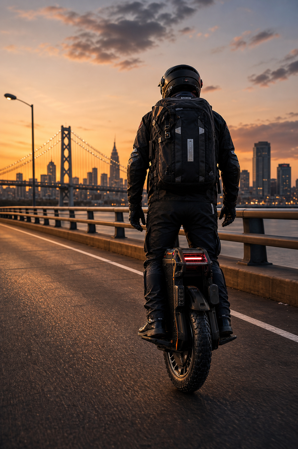 Kingsong USA rider crossing city bridge