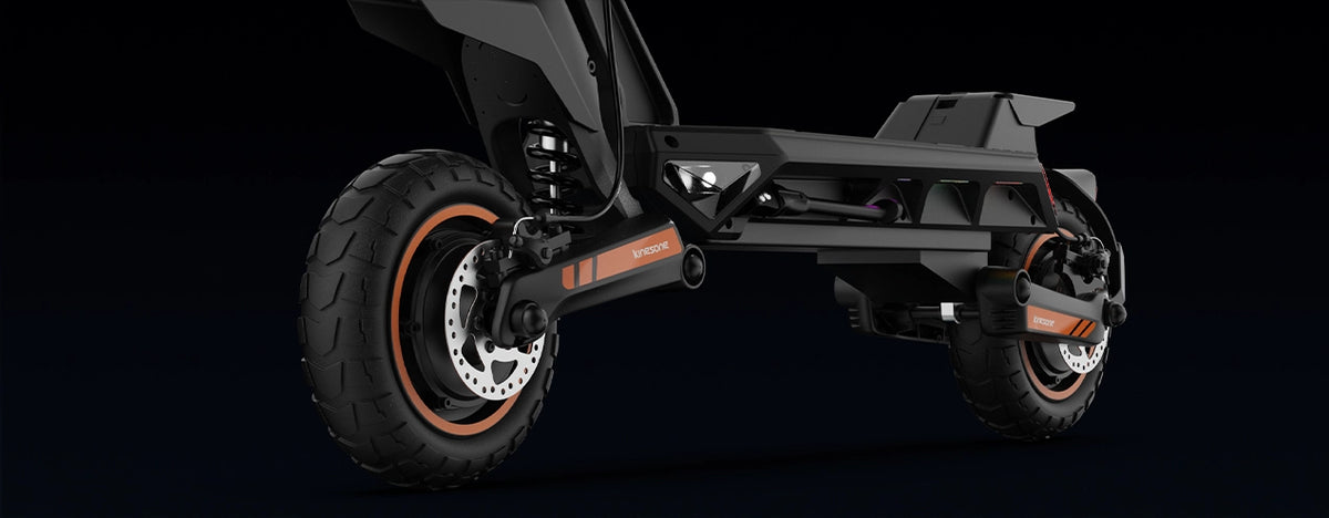 Kingsong N12T3 electric scooter front and rear wheel and suspension detail