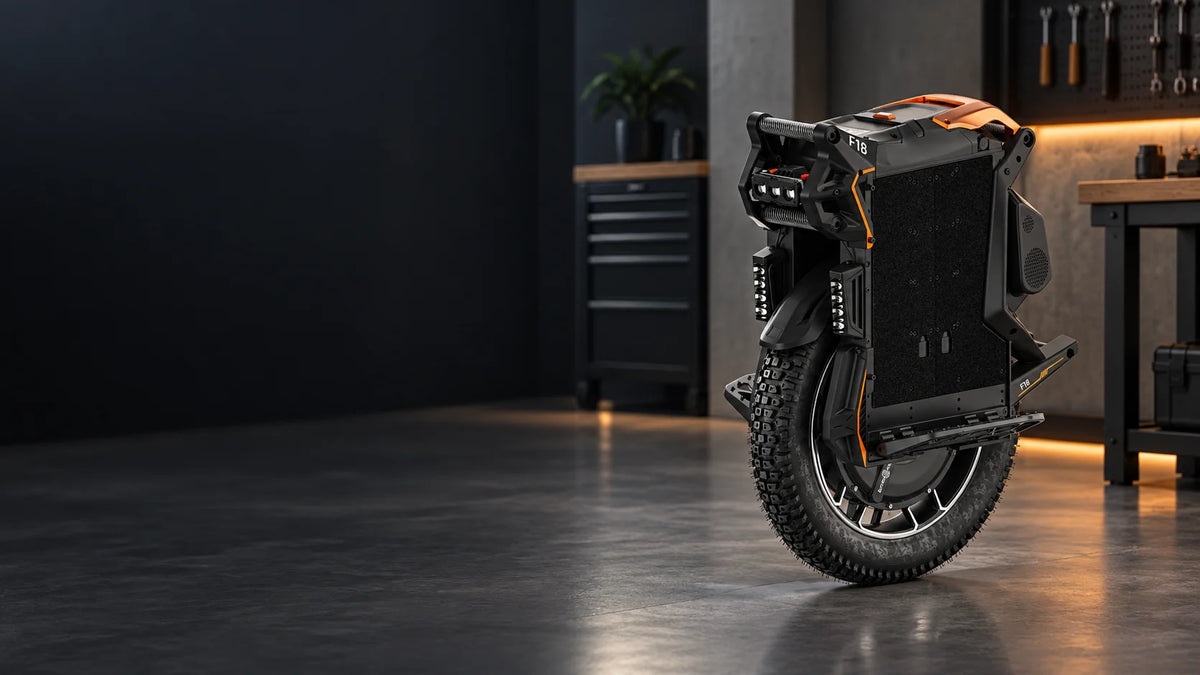 KingSong F18 electric unicycle in a dark service setting