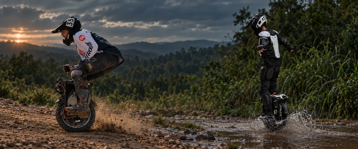 KingSong F18 riders crossing rocky and wet terrain