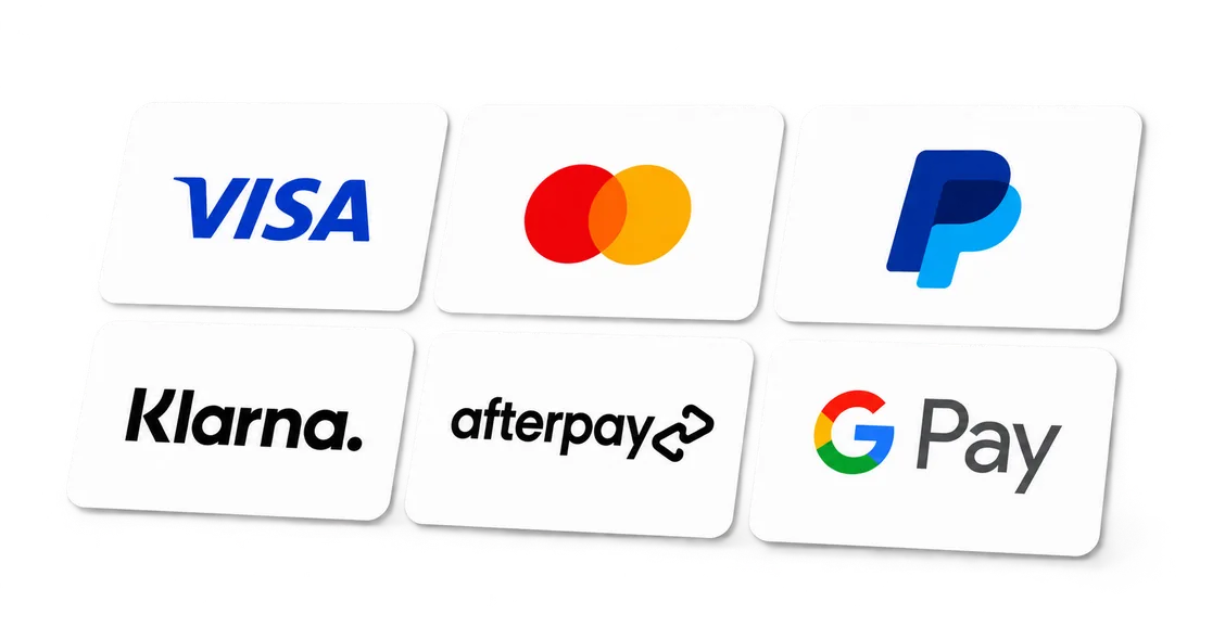 Visa, Mastercard, PayPal, Klarna, Afterpay, and Google Pay